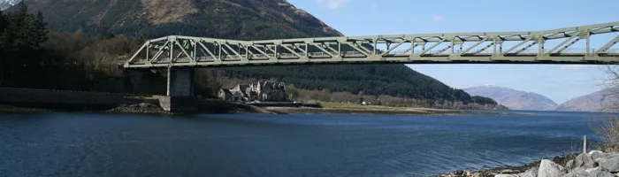The Ballachulish Bridge, with both old ferry slipways visible. Click to enlarge