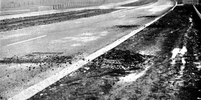 Frost damage breaks up the carriageway, January 1959. Click to enlarge
