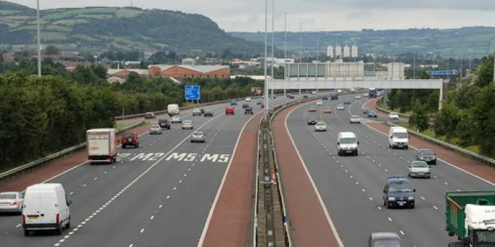 The M2 north of Belfast, with its unique centre hard shoulders highlighted in red. Click to enlarge