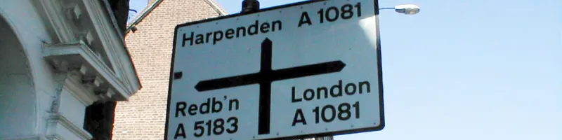 A1081 and A5183 bounce off each other at a crossroads in St Albans. They were once the A5 and A6. Click to enlarge