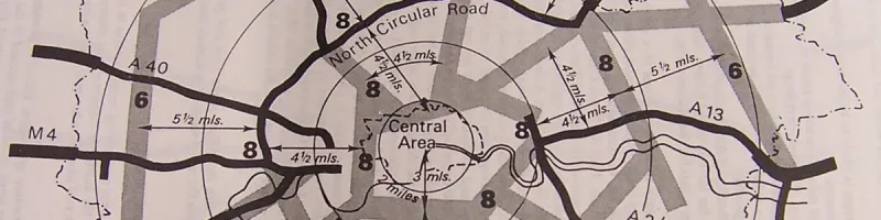 The GLC's "optimum traffic corridors", in grey, showing the pattern of routes they were trying to create. Click to enlarge