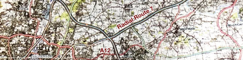 Abercrombie's proposed Radial Route 7 would bypass the A12 Eastern Avenue in its entirety, 1944. Click to enlarge