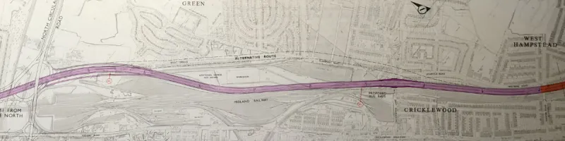 Engineering plan of the unbuilt M1 at Cricklewood, with alternative line through Brent Terrace. Click to enlarge