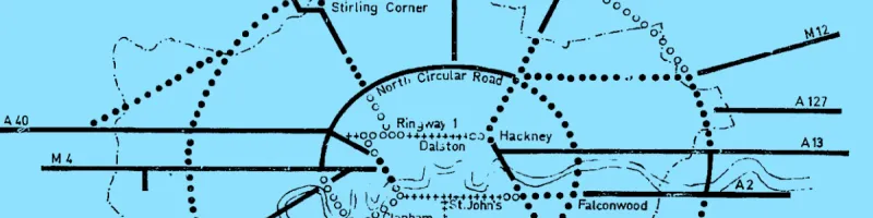 The GLC Primary Road Network, with evenly-spaced radials in all directions from Ringway 1 except between the M1 and M11. Click to enlarge