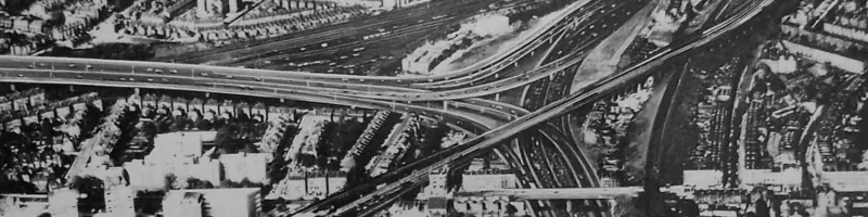 Artist's impression of the interchange between the North Cross Route and M1 at Kilburn. The North Cross Route runs top to bottom, with the M1 heading away to the left. Click to enlarge