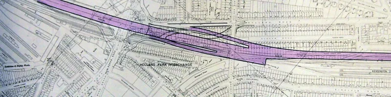 The flyover at Holland Park Roundabout, as designed in 1970. To the right, a stub is formed where the motorway structure abruptly narrows to its initial half-width form. Click to enlarge