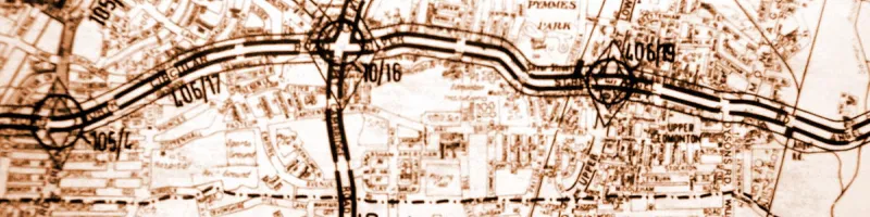 A 1965 GLC planning map shows - barely legibly - the North Circular to be improved on its existing line, with diamond symbols at each junction. Click to enlarge