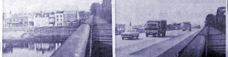 Artist's impression of the view from Barnes Bridge, looking south towards Barnes Terrace, before and after construction of Ringway 2. Click to enlarge
