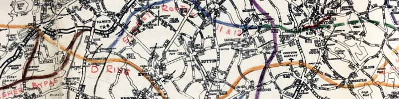 Lines across South London, around 1964, that would later be developed into two possible routes for Ringway 3. Click to enlarge