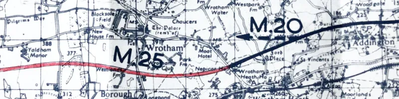 A 1968 key plan shows the M25 South Orbital Road meeting the M20 at Wrotham in Kent. Click to enlarge
