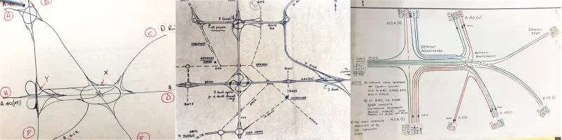 Ideas sketched for the "Denham Complex" in 1965 and 1969, and a 1970 diagram of traffic flows through the proposed junction. Click to enlarge
