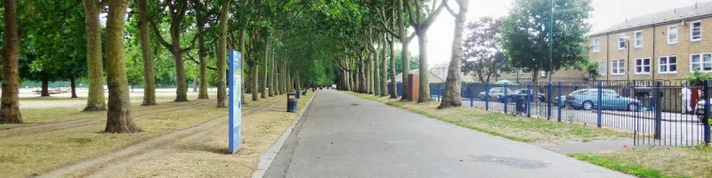 Victoria Park, Hackney. A six lane motorway would run in open cutting to the left of this path. Click to enlarge