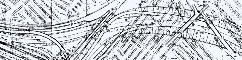 Extract from an engineering plan of the M23/Ringway 2 interchange, showing a gap between the sliproads where the motorway could continue. Click to enlarge