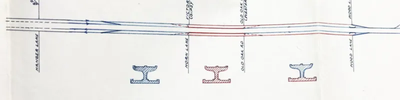 A line diagram of the proposed layout between Hanger Lane and Wood Lane, with the elevated cross-section drawn in. Click to enlarge