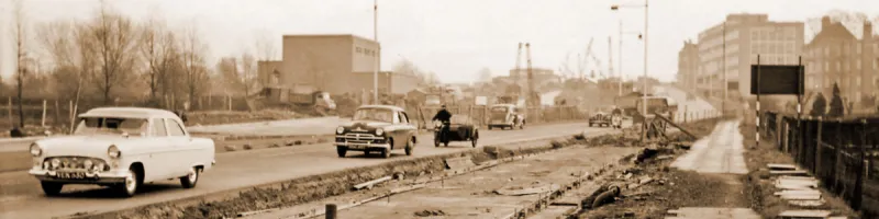 The A40 being upgraded to dual carriageway in the 1950s: wider, but not wide enough for the ideas of the 60s. Click to enlarge
