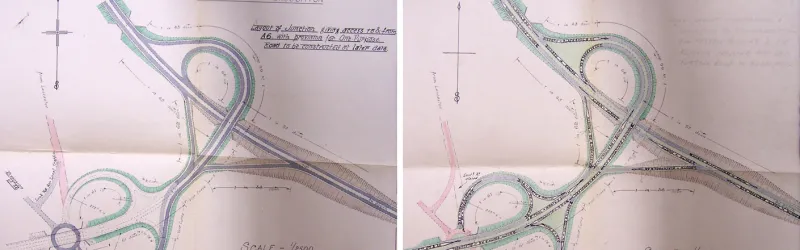 1943 junction plans for Broughton (now M6/M55 interchange), initial and completed designs. Click to enlarge