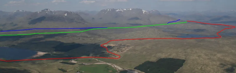 Three routes together: the Military Road in blue, Telford's route in green and the modern A82 in red. Click to enlarge