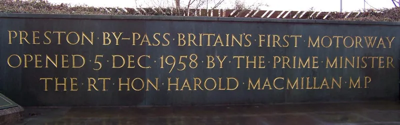 The plaque unveiled at the opening of the Preston Bypass, still sited at M6 J31 Samlesbury Interchange. Click to enlarge