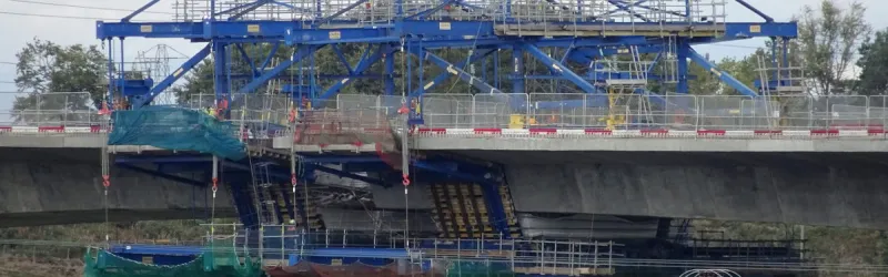 Shuttering apparatus on the Don bridge as the central section is re-cast, September 2018. A gap in the deck is just visible. Click to enlarge