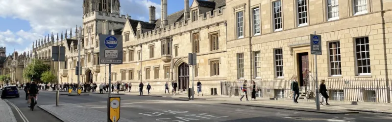 Oxford's handsome High Street, largely restricted to buses and cycles only. Click to enlarge