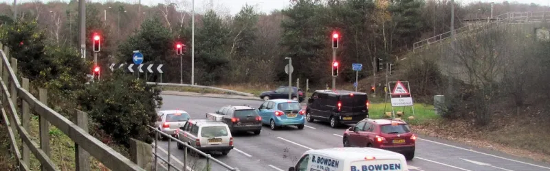 Red lights at Wisley Interchange's roundabout. Click to enlarge