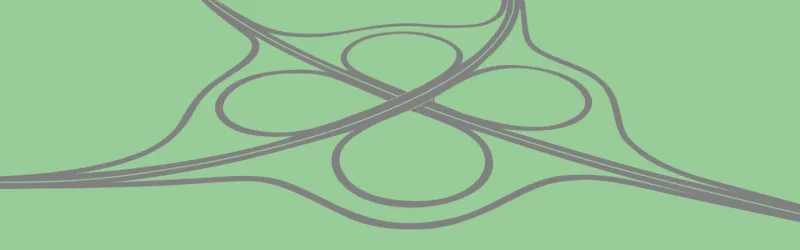 Drawing of a cloverleaf, based on Headless Cross Interchange in Redditch. Click to enlarge