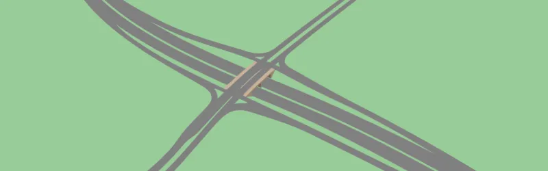 Drawing of a diamond interchange, based on Helen Street Interchange near Glasgow. Click to enlarge