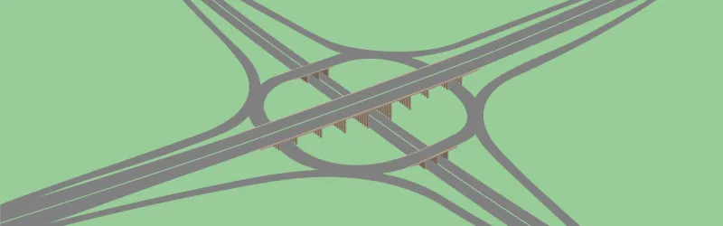 Drawing of a three-level stacked roundabout, based on Simister Interchange near Manchester. Click to enlarge