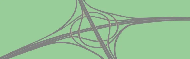 Drawing of a Whirlpool interchange, based on Thorpe Interchange near London. Click to enlarge