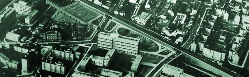 An artist's impression of a sunken motorway with parkland and playing fields on the roof, taken from GLC publicity. Click to enlarge