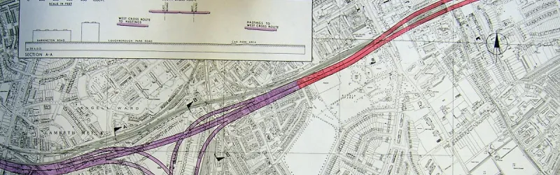 An engineering plan for the South Cross Route in Brixton and Denmark Hill, dated 1965. Four years later the GLC would still be informing residents there was "no firm route" for this road. Click to enlarge