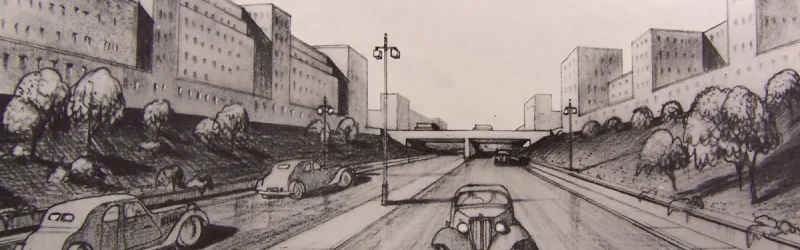 Artist's impression of the Arterial A-Ring, sunken below ground level and masked by buildings either side. Click to enlarge