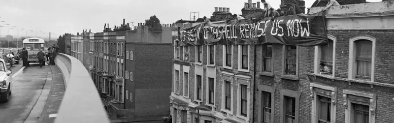 The residents of Acklam Road stage their protest at the Westway's opening ceremony, 1971. Click to enlarge