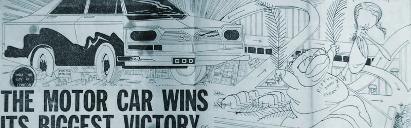 A cartoon by Gerald Scarfe accompanying the Sunday Times article, "The Motor Car Wins Its Biggest Victory". Geoffrey Rippon, the Environment Secretary, is shown spreading palm leaves for the car to drive on. Click to enlarge