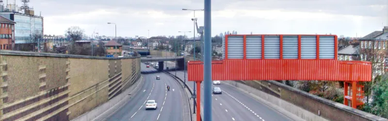 The modern A12 at Green Man Interchange, a road built instead of completing the M11, and only partially sharing its route. Click to enlarge