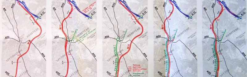 Route options for the first and second stages of the M11, produced for the North East London Study in 1972. Click to enlarge