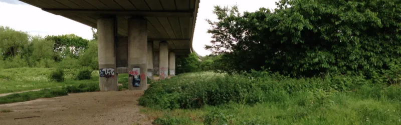 A six-span viaduct carries the southbound M11 over nothing at Woodford. It was built to span the M12. Click to enlarge