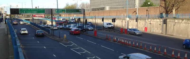 The temporary interchange north of the Blackwall Tunnel, now a permanent feature. Click to enlarge