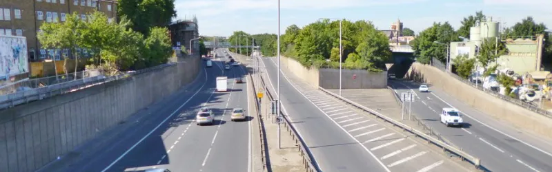 The tiny existing part of the North Cross Route at Hackney Wick, seen in the middle of the picture between the two main carriageways. Click to enlarge