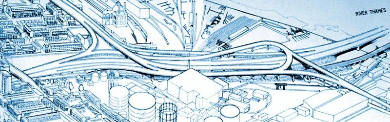 An artist's impression of Chelsea Interchange, as designed in 1964. The Chelsea Embankment Spur is at the top of the picture. Click to enlarge