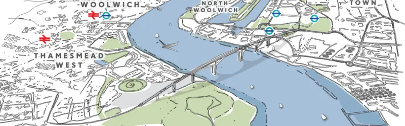 Artist's impression of a bridge at Gallions Reach, as proposed in 2014. Click to enlarge