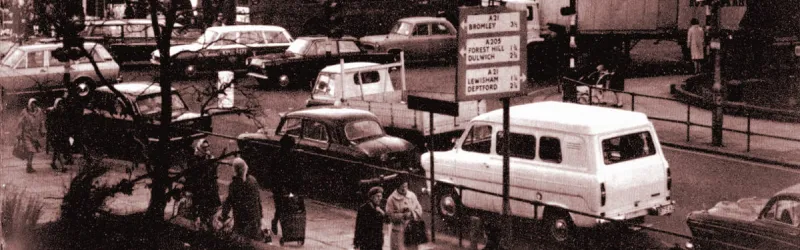 Traffic congestion on the South Circular Road at Catford, in a picture used by the GLC to demonstrate the need for Ringway 2. Click to enlarge
