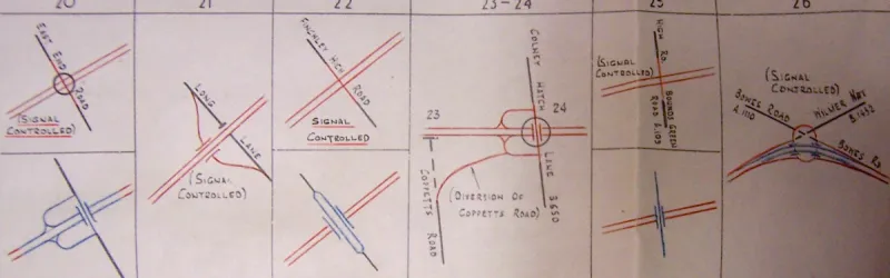 Some interchange plans from the 1961 report. Most are quite different to later plans and some are difficult to interpret. Click to enlarge