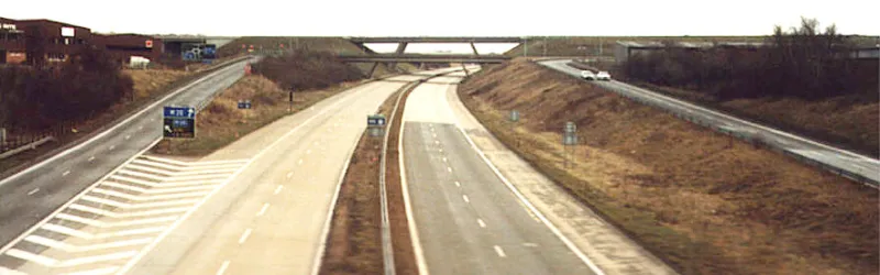 Swanley Interchange in 1985, shortly before the "bridge to nowhere" in the distance finally opened to traffic. Click to enlarge