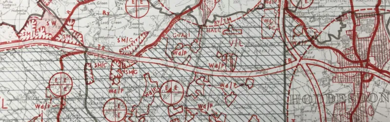 The North Orbital at Hertford, marked on the 1958 Hertfordshire County Development Plan. The diagonal stripes indicate an area of "great landscape value". Click to enlarge