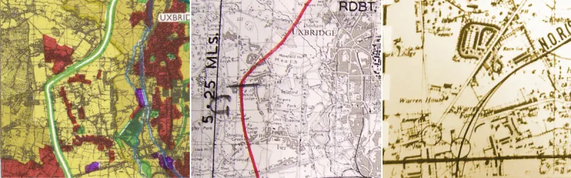 The problematic corner at Iver Heath seen (L) in Abercrombie's 1944 plan, (C) in a 1967 planning document and (R) with an awkward junction in 1971. Click to enlarge
