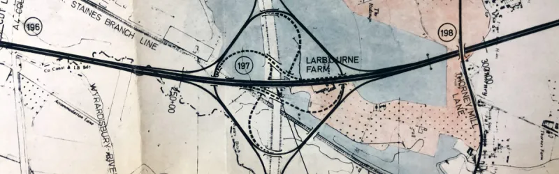 The M4 interchange, as proposed in 1969, designed as a roundabout in the first stage. The dashes mark a later stage that would convert it to free-flow. Click to enlarge