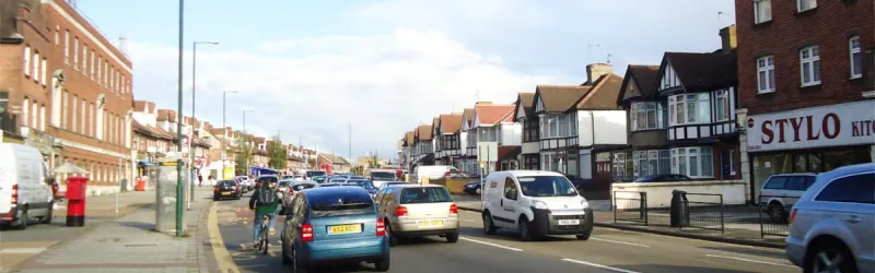 The A4006 Kenton Road in North West London: four lanes of traffic barge through the suburbs in a living illustration of the Secondary Roads policy. Click to enlarge