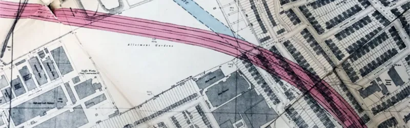 The GLC route (red) departs the line intended for the M11 (blue) just north of Lea Bridge Road. Click to enlarge