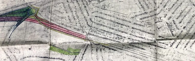 The GLC's A2(M) (shaded pink) fades into the Ministry's A2 in this 1965 plan. Click to enlarge